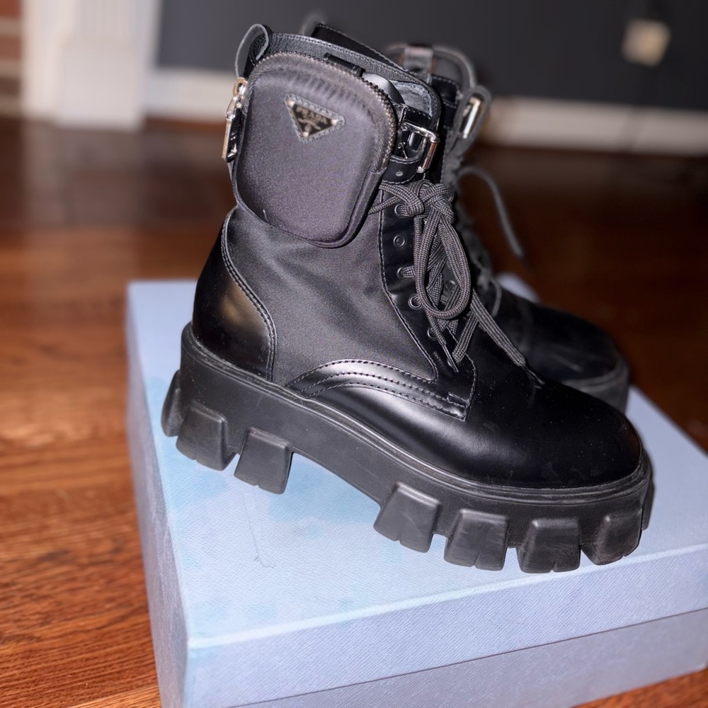 Prada Monolith Leather and Re-Nylon Boots with Pouch US women 9